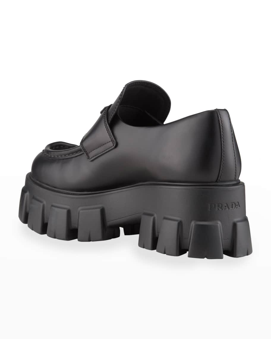 Leather platform loafers with Monolith Prada logo