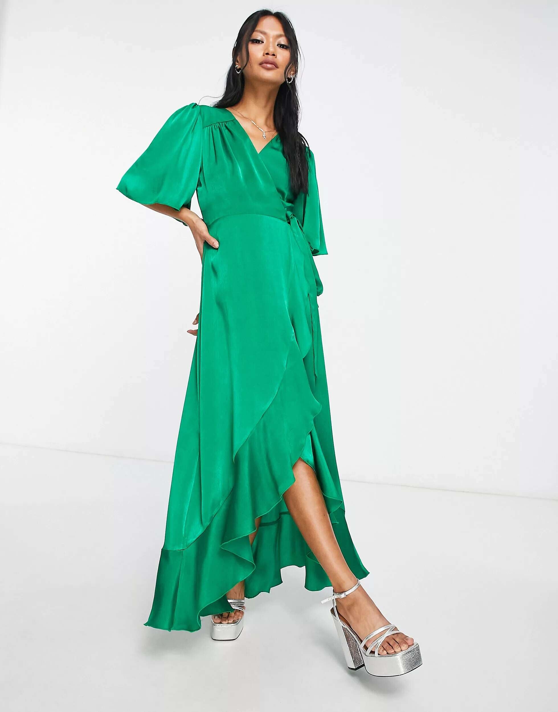 Satin Flow Sleeve Wrap Front Maxi Dress with London Flounce in Bright Green Flounce London