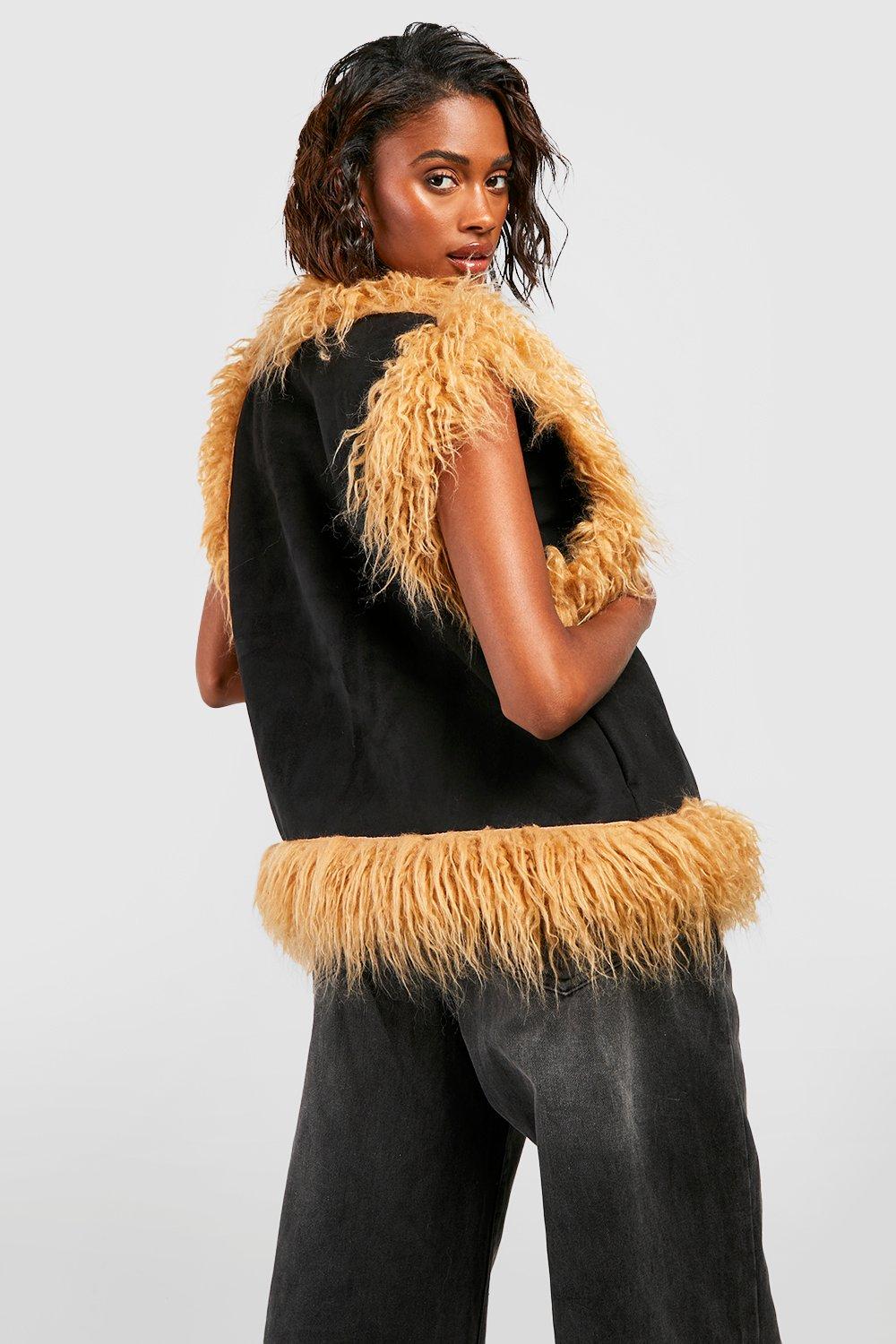 Boohoo Faux Fur Trim Vest, Black