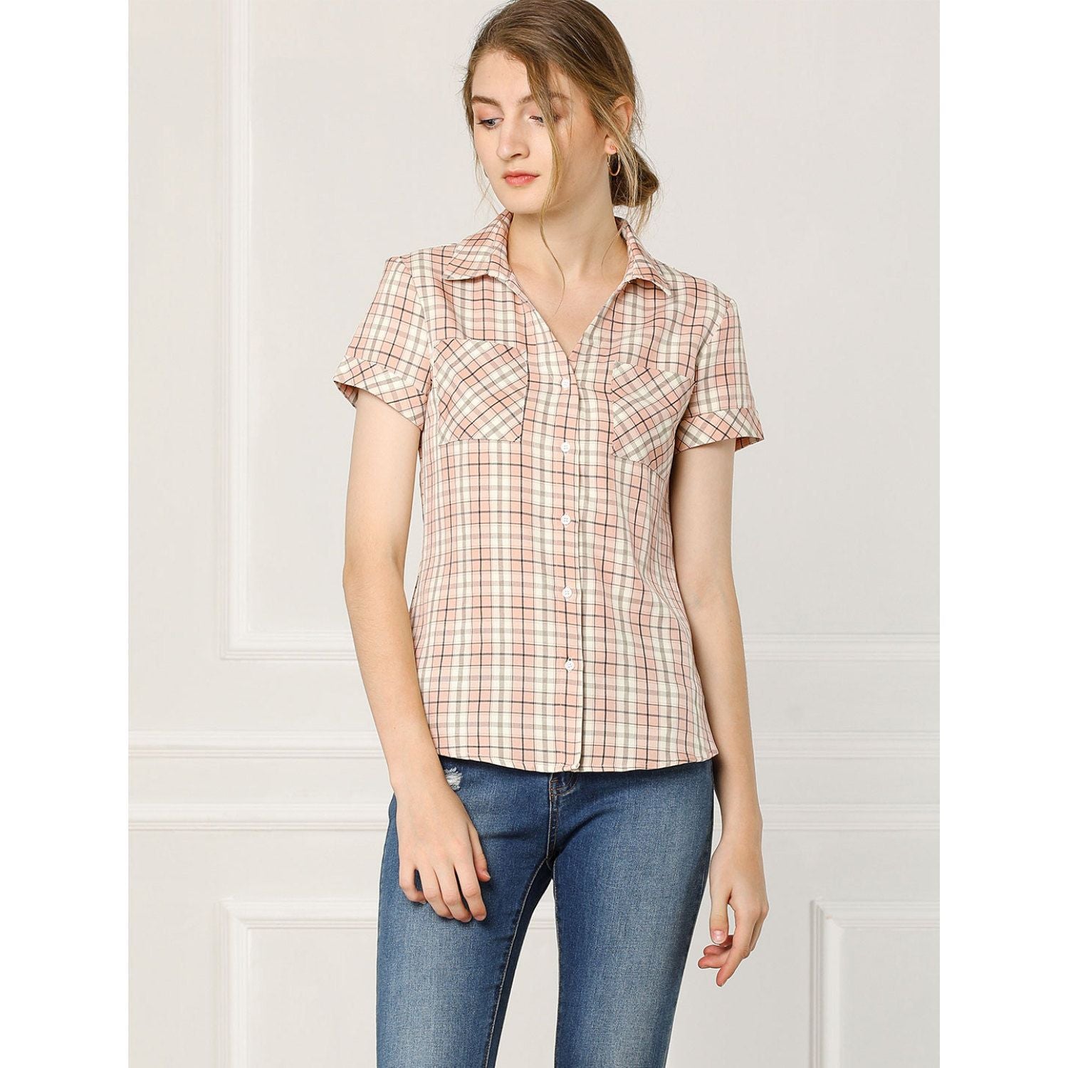 ALLEGRA K Women's Cotton Plaid Short Sleeve Button Front Boyfriend Shirt ,  red