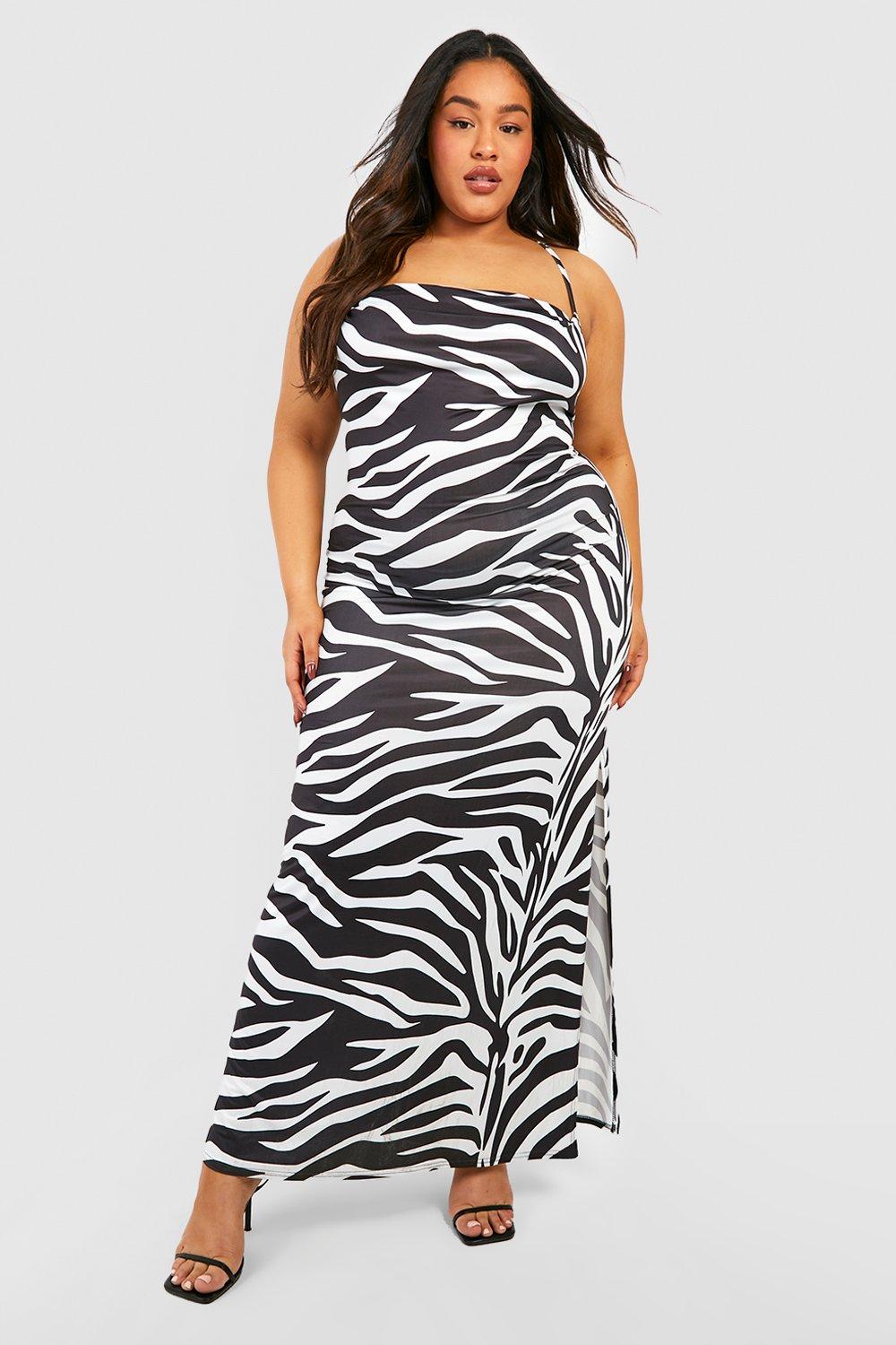 plus zebra Boohoo maxi dress with voluminous hood, black