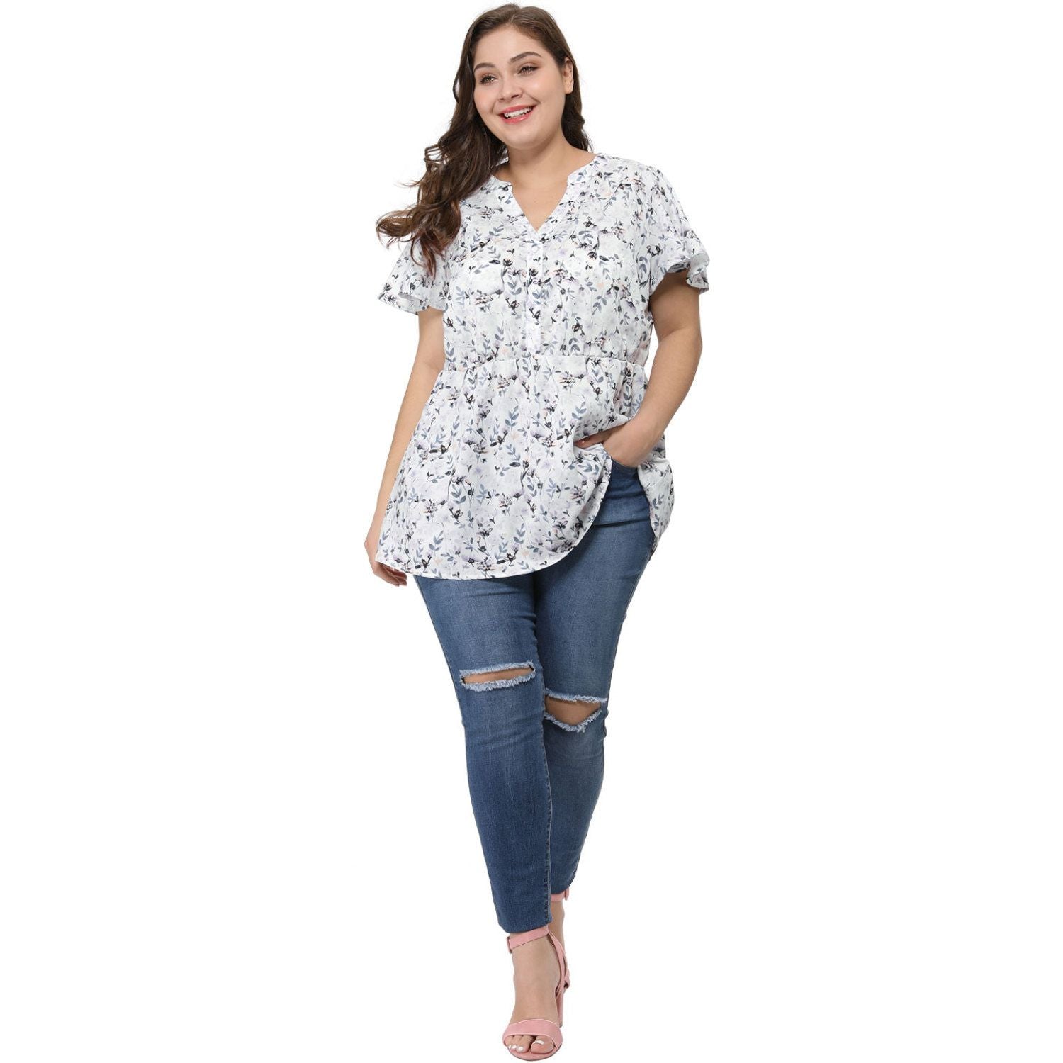 Women's Plus Size Short Sleeve Smocked Waist Blouse V-neck and Agnes Orinda floral print, black