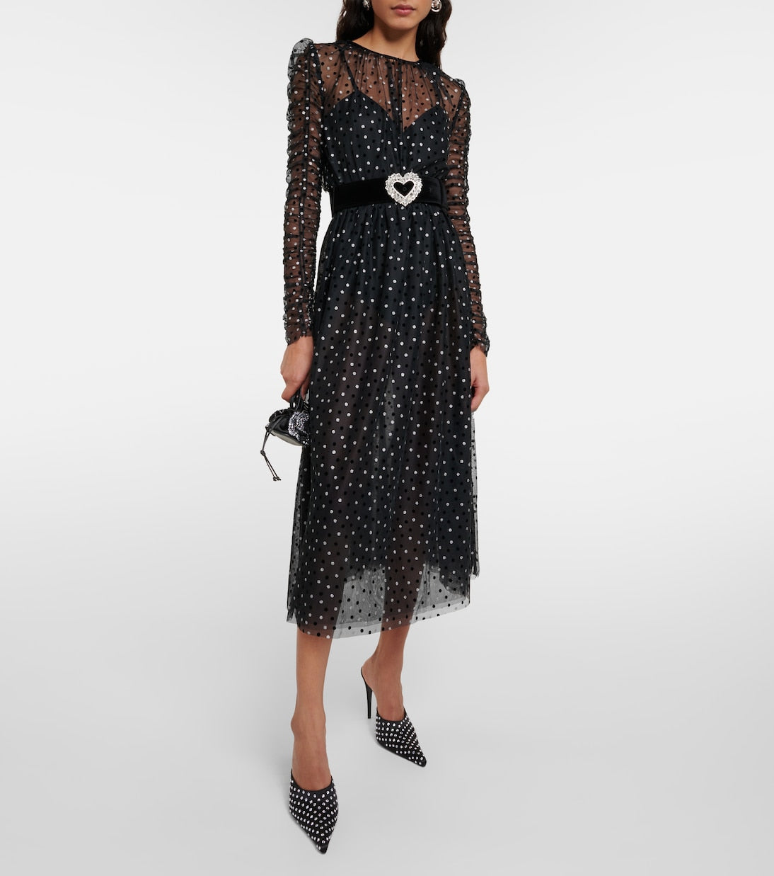 Rebecca Vallance Whitney Polka Dot Ruched Midi Dress, Black