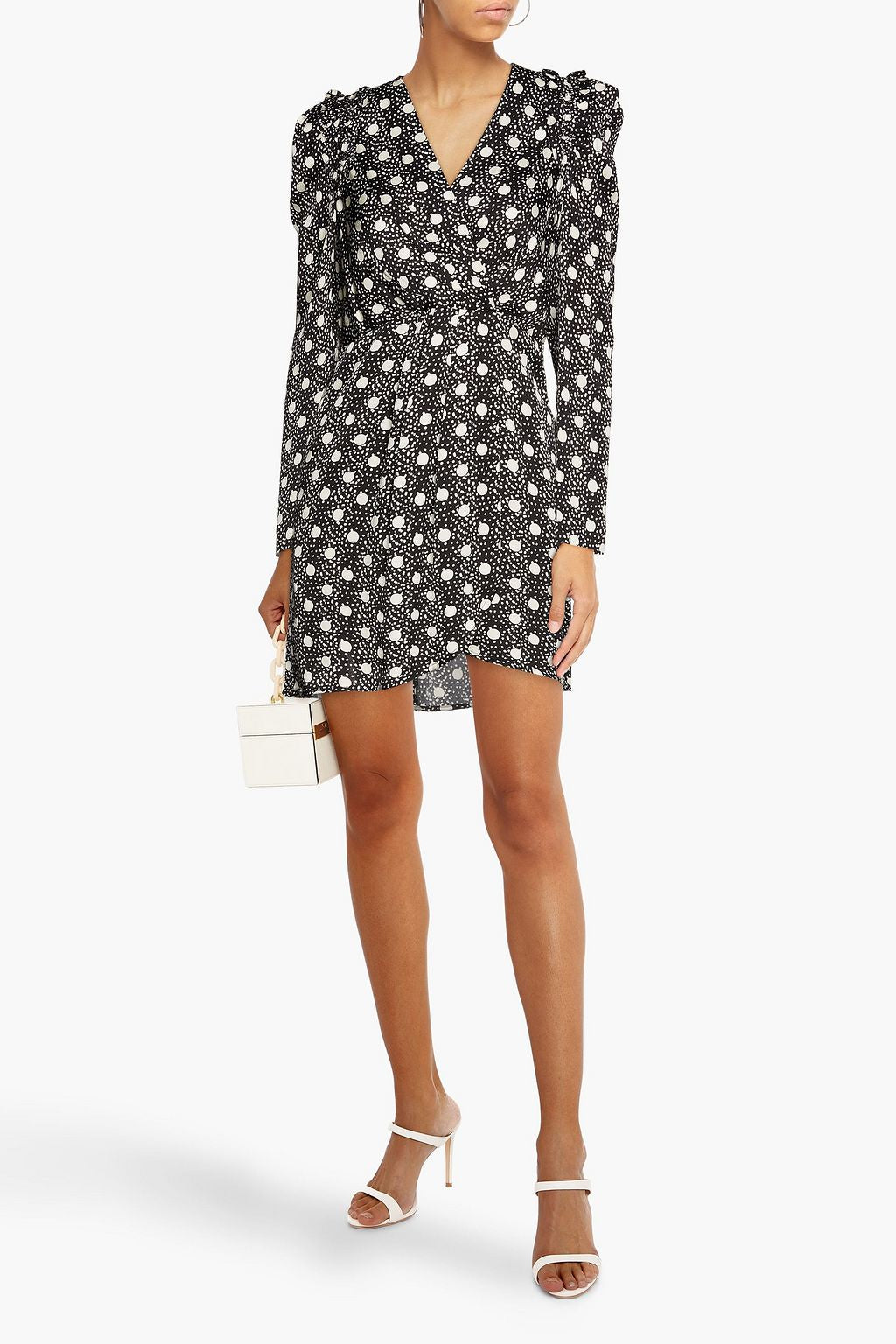 SANDRO Printed Woven Wrap Mini Dress, Black