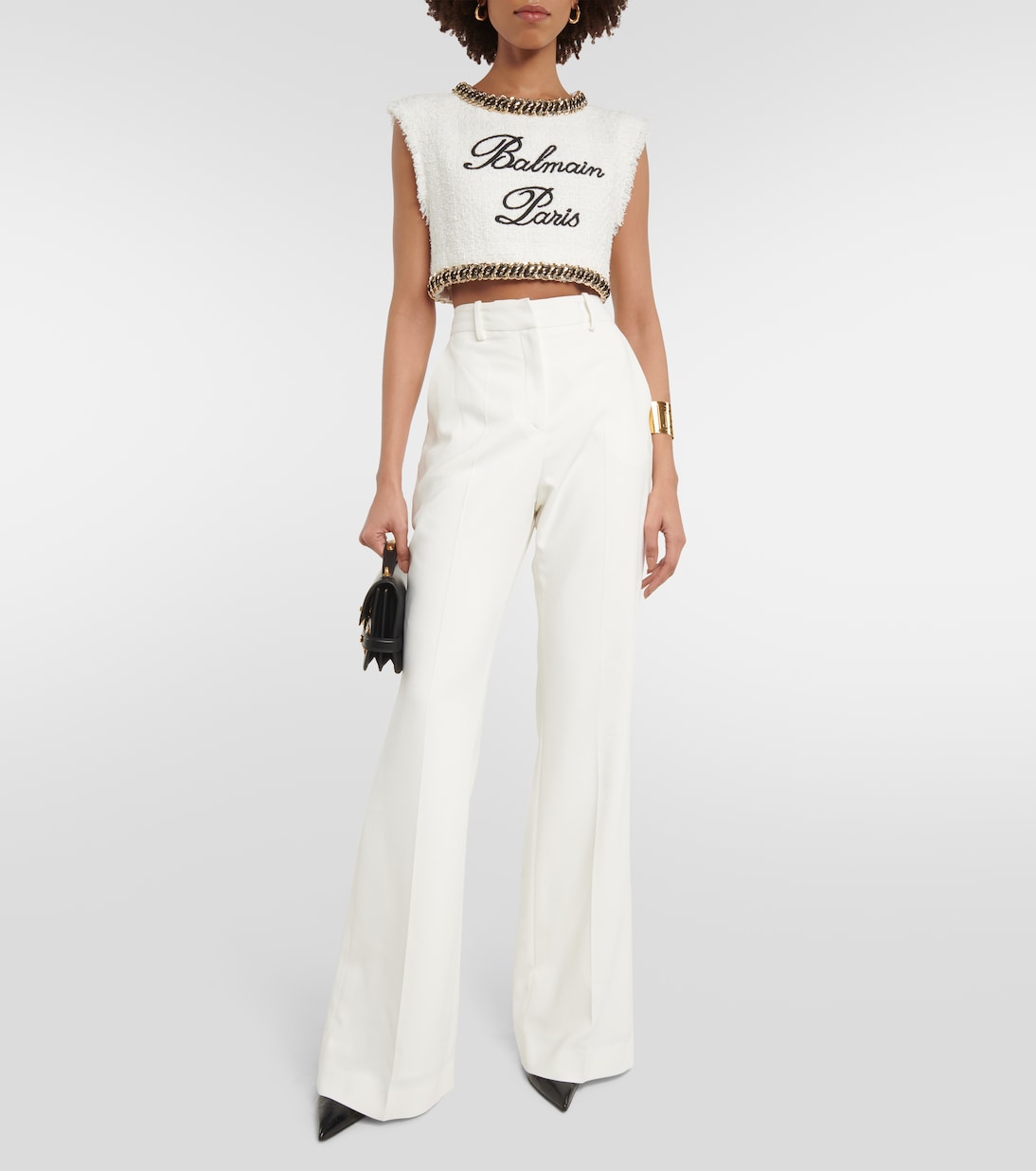 Balmain High Rise Crepe Flare Pants, White