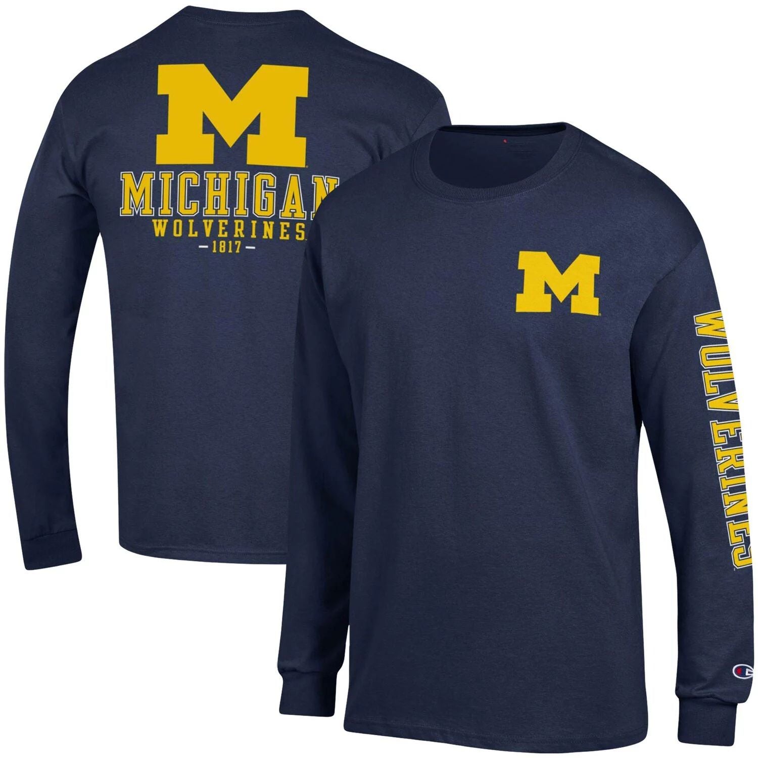 تي شيرت رجالي بأكمام طويلة من Champion Navy Michigan Wolverines Team Stack