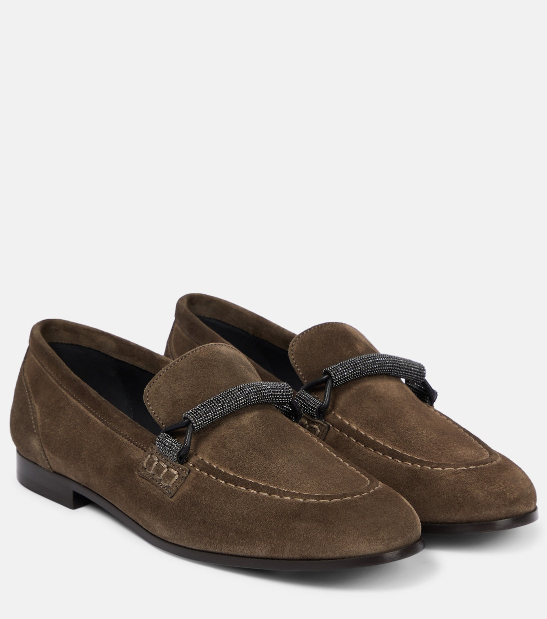 Brunello Cucinelli Embellished Suede Loafers, Brown