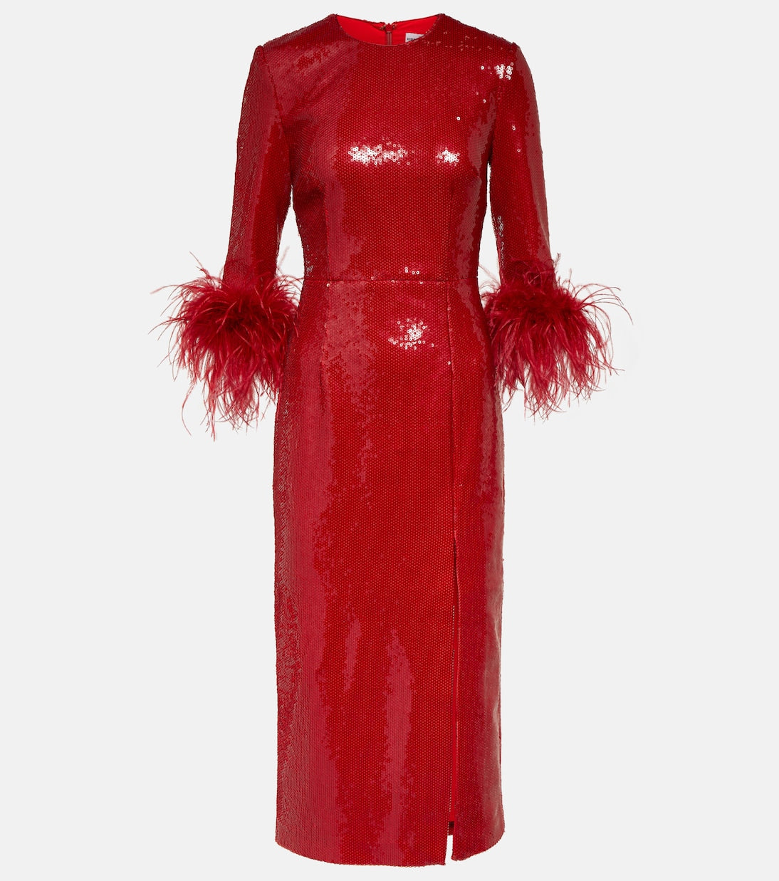 Rebecca Vallance midi dress with feathers and sequins, red