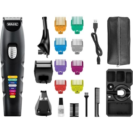 ماكينة Wahl Color Trim Multi-Groomer المتطورة مع أدلة ترميز الألوان المبتكرة، وقت التشغيل 240 دقيقة، شاحن USB - أسود