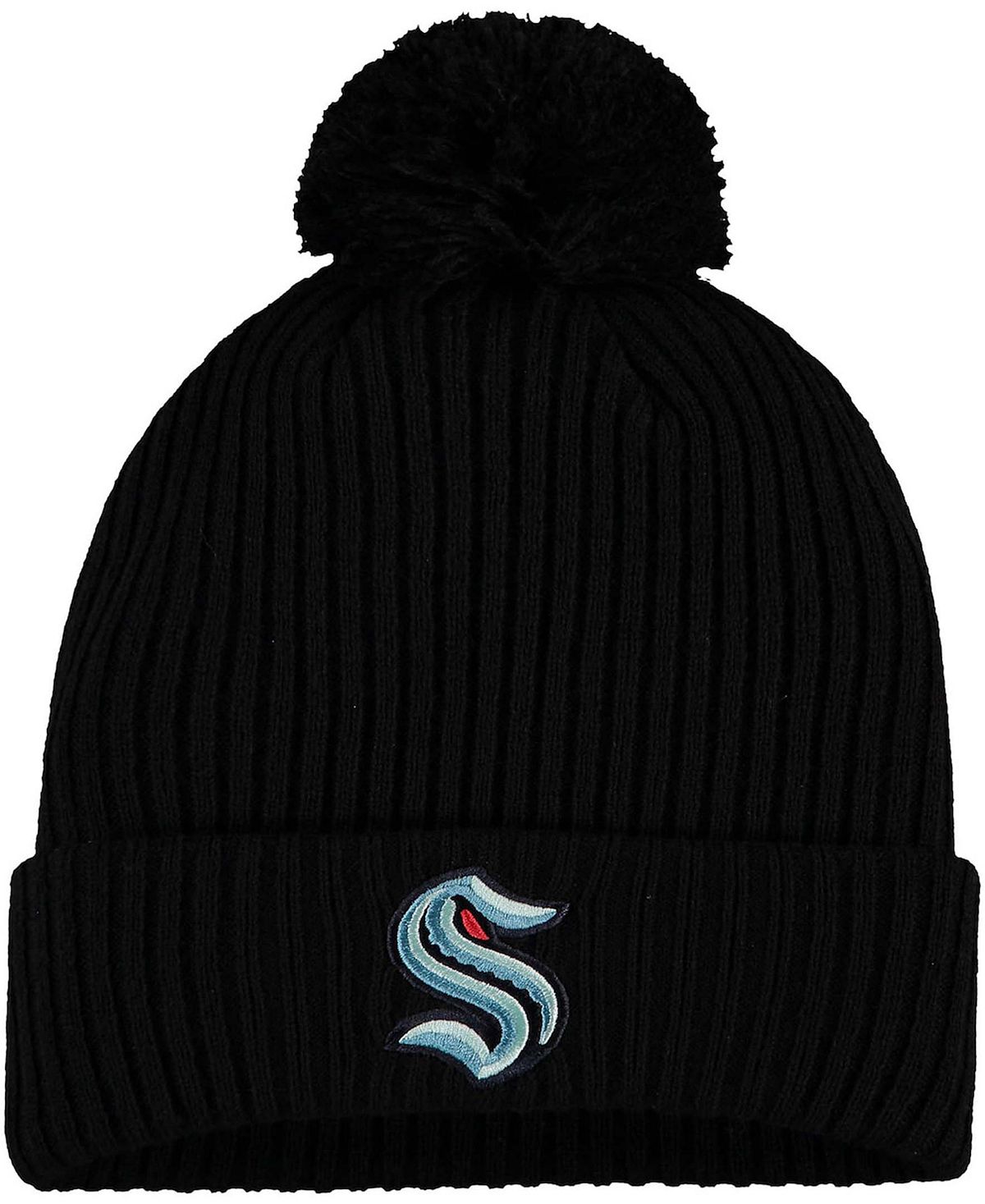 Seattle Kraken Primary Fanatics Men's Black Cuffed Pom Pom Logo Knit Hat