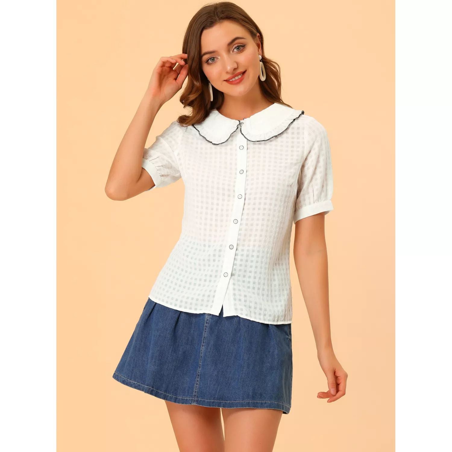 Women's Checkered Button Down Blouse with Peter Pan Collar and Contrast Color Trim , shirt-shirt ALLEGRA K , white