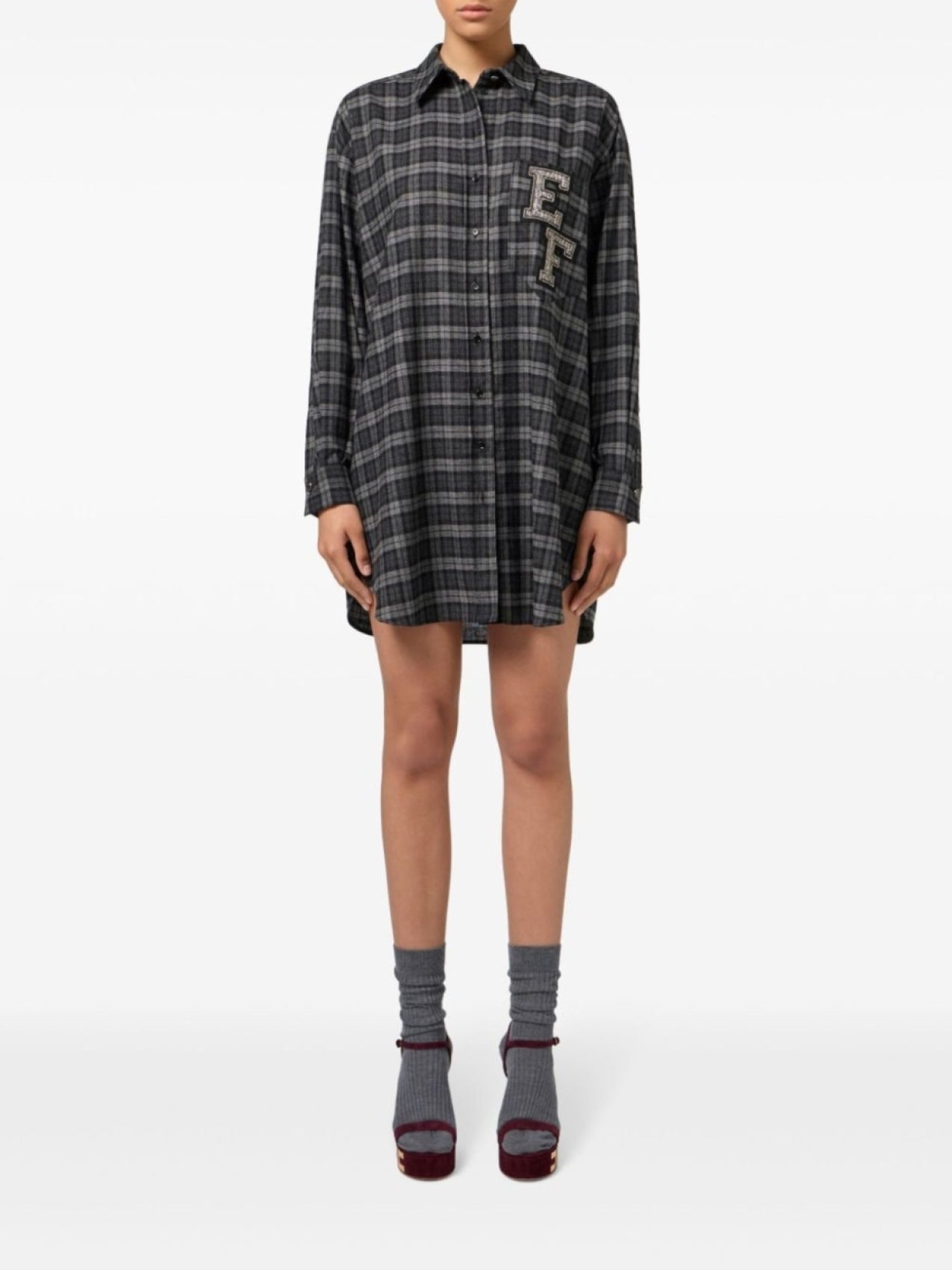 Elisabetta Franchi tartan embroidered shirt dress, grey