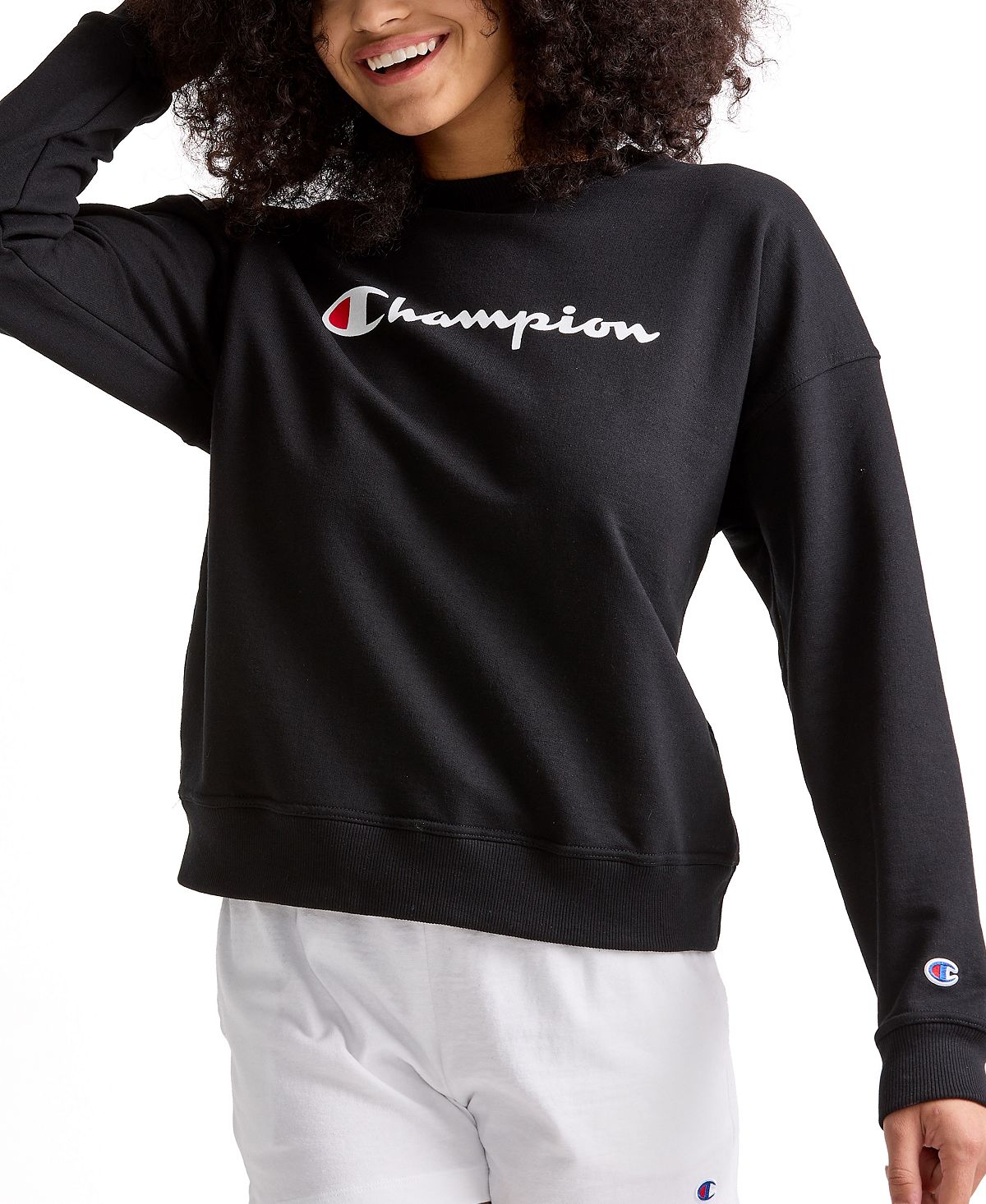 Women's Champion Logo Crew Neck Fleece Sweatshirt, Black