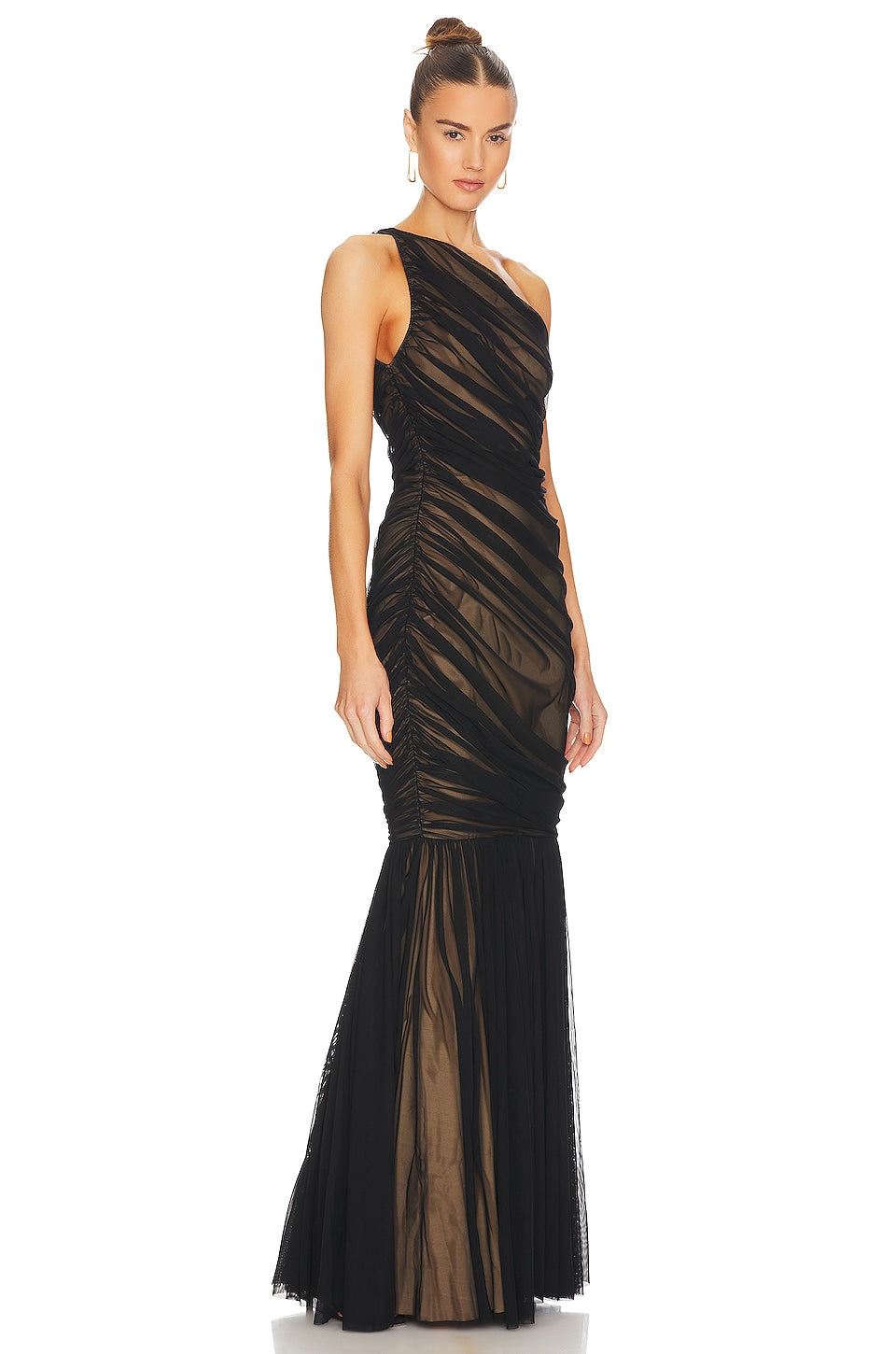 Norma Kamali Diana Fishtail Gown Dress, Black Mesh & Nude