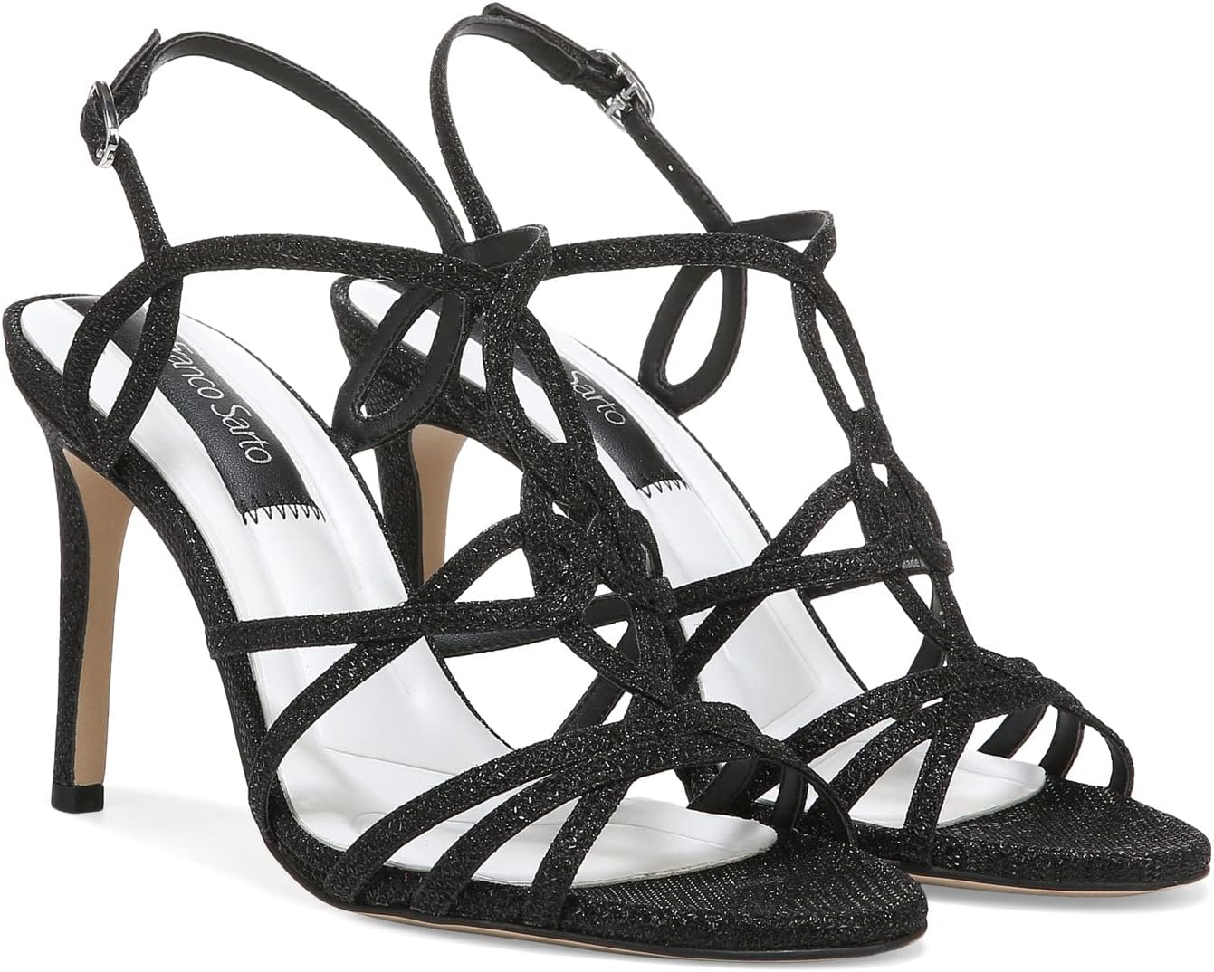 Harley Franco Sarto Sandals, Black Shiny Fabric