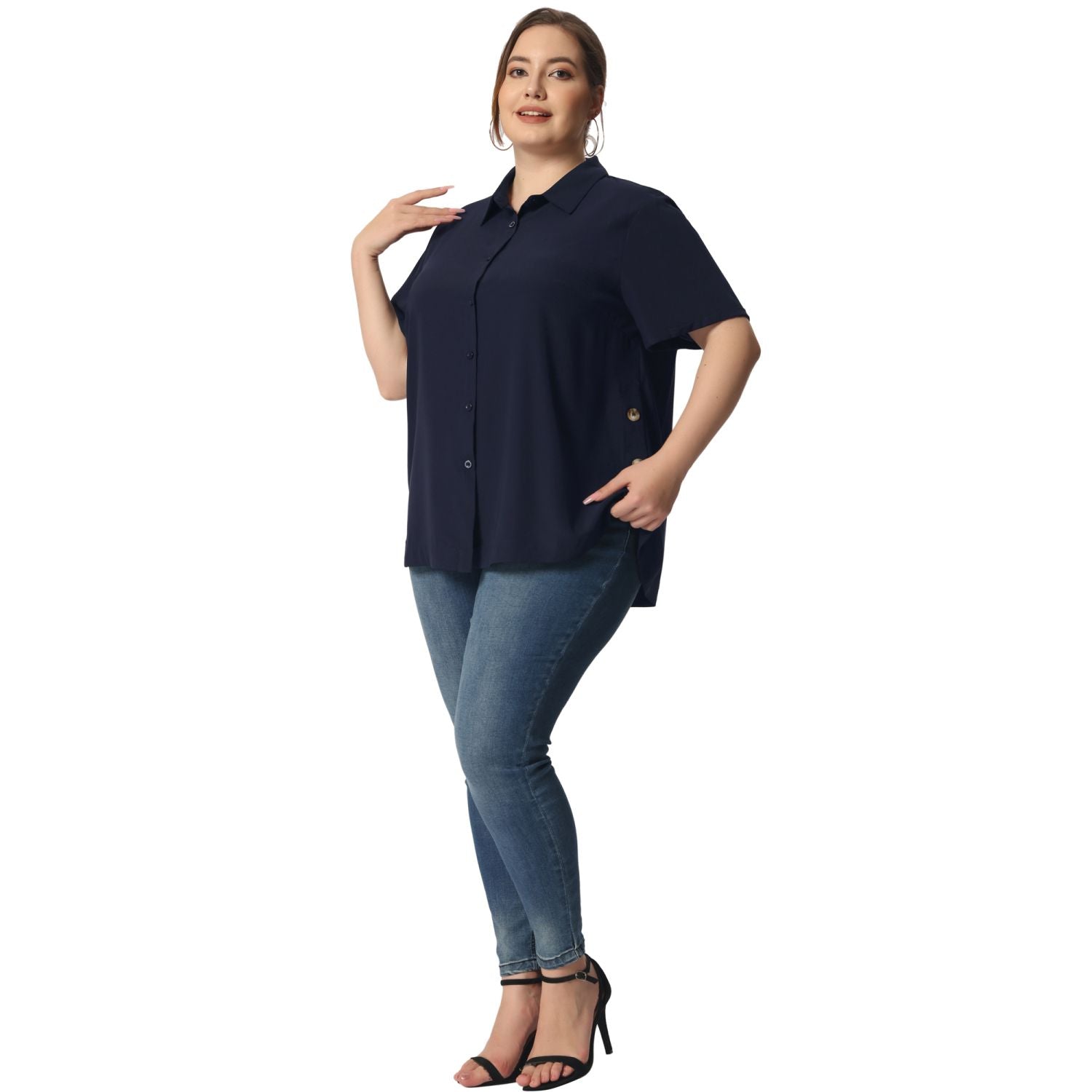 Agnes Orinda Women's Plus Size Roll Up Sleeve Button Front Split Front Shirts ,  white