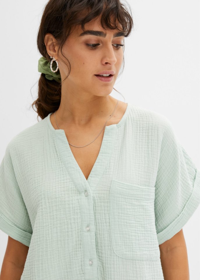 Muslin blouse with button placket and pocket Bpc Bonprix Collection, green