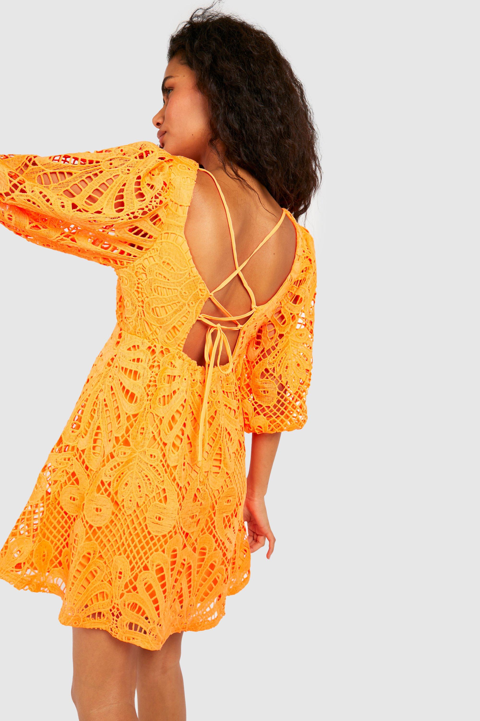 Premium lace dress with puff sleeves Boohoo, orange