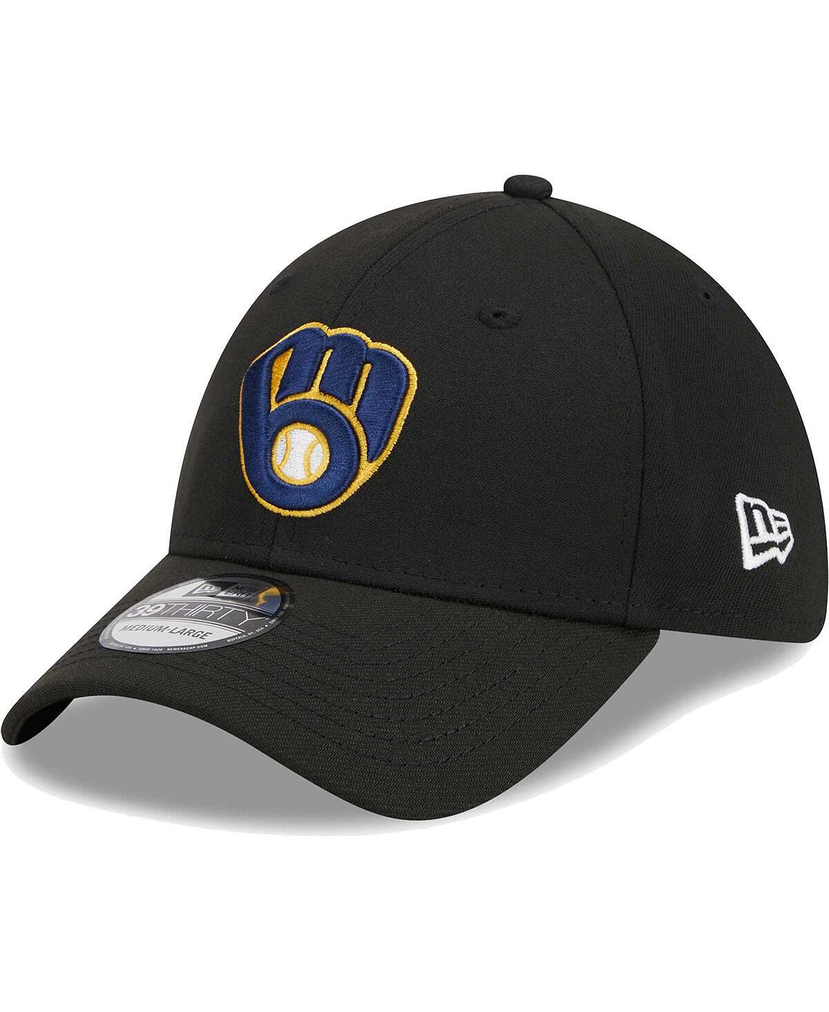 قبعة 39THIRTY New Era للرجال من Milwaukee Brewers باللون الأسود بشعار مرن