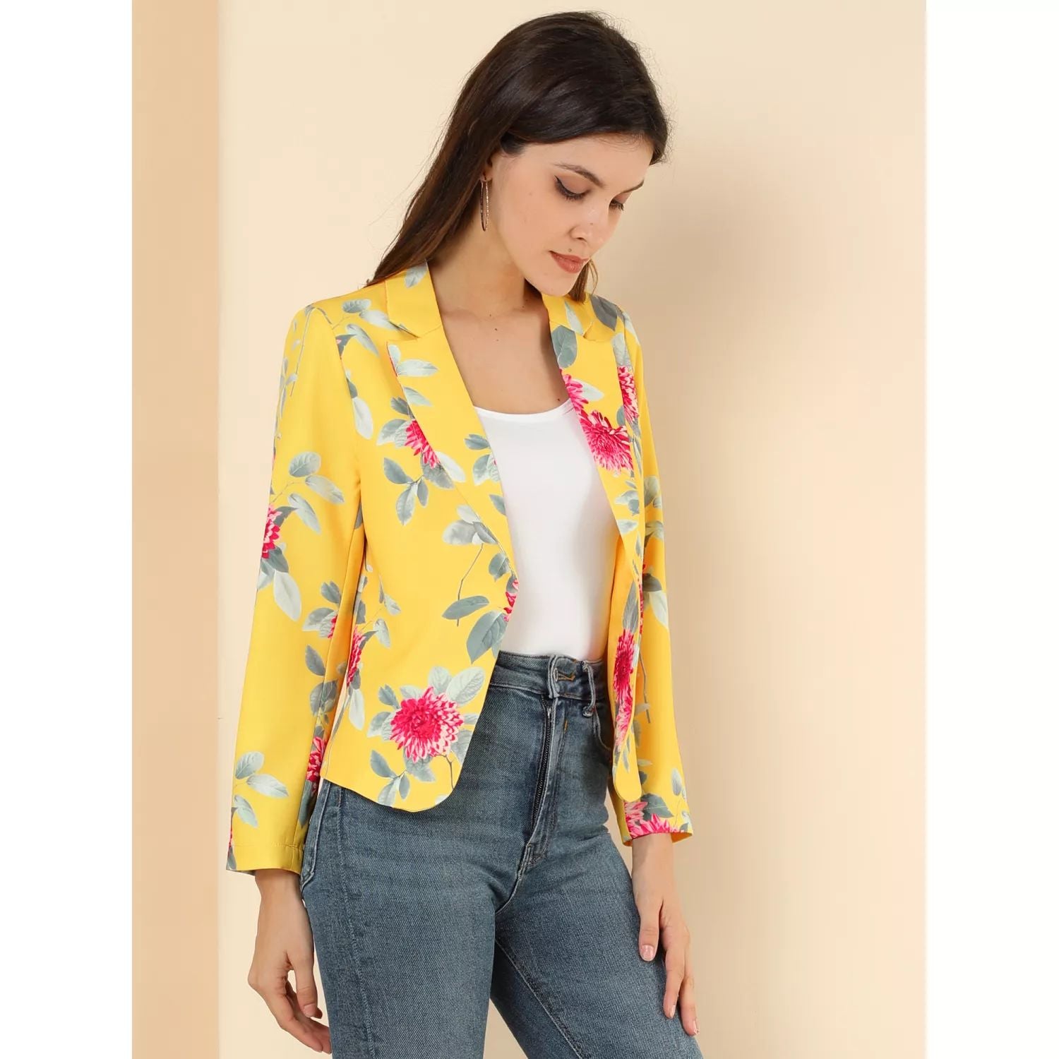 Women's open front floral print jacket ALLEGRA K