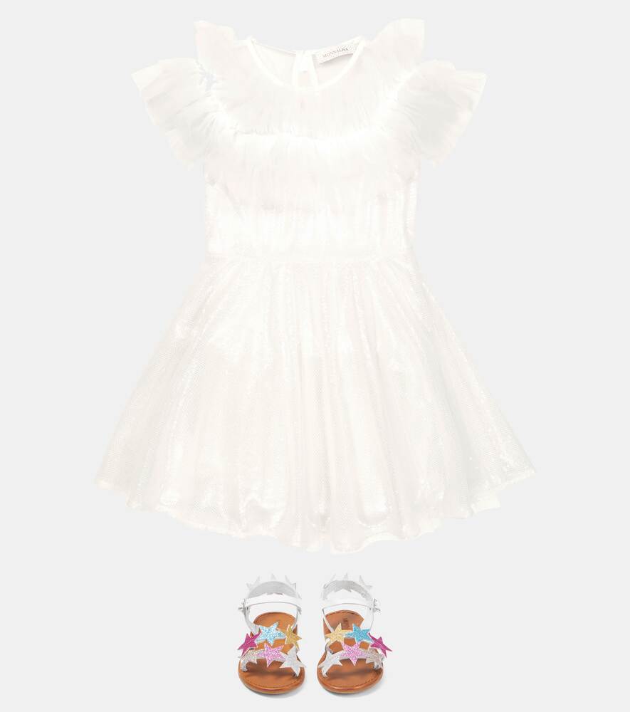 Monnalisa sequin and ruffle dress, white