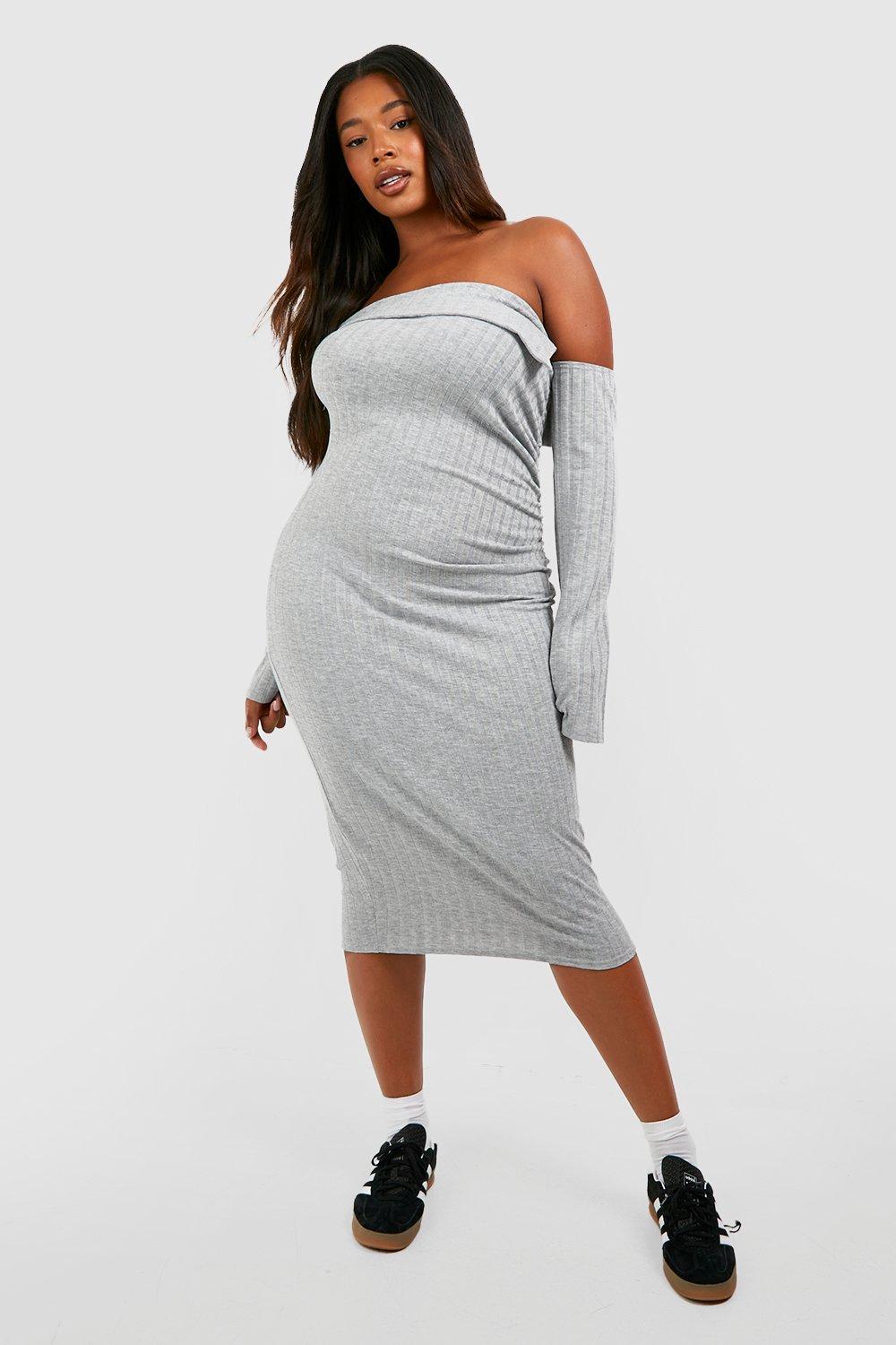 Off the Shoulder Wide Rib Midi Dress with Gathered Sides Boohoo ,  grey