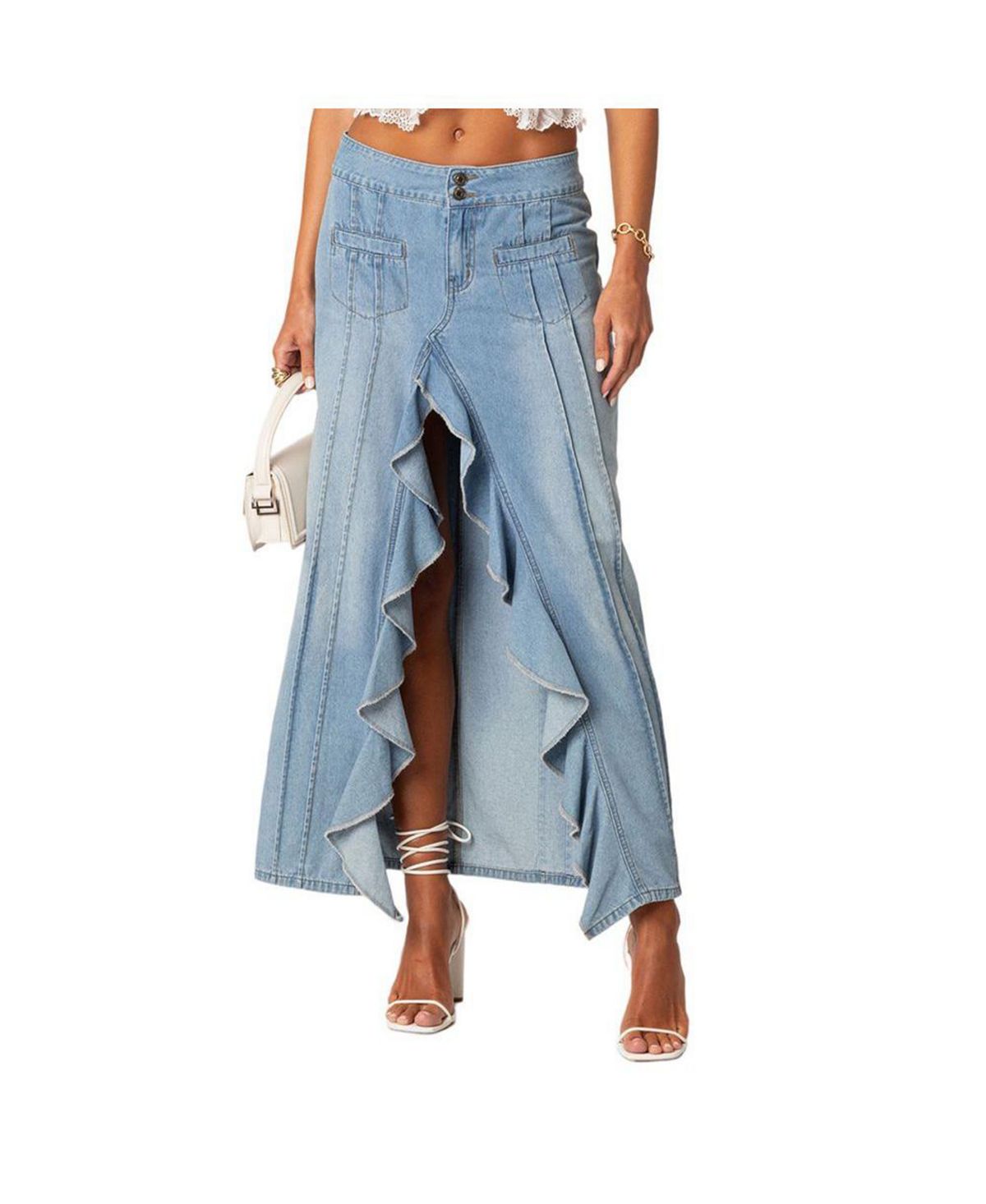 Valencia Women's Edikted Ruffle Split Denim Maxi Skirt, Blue