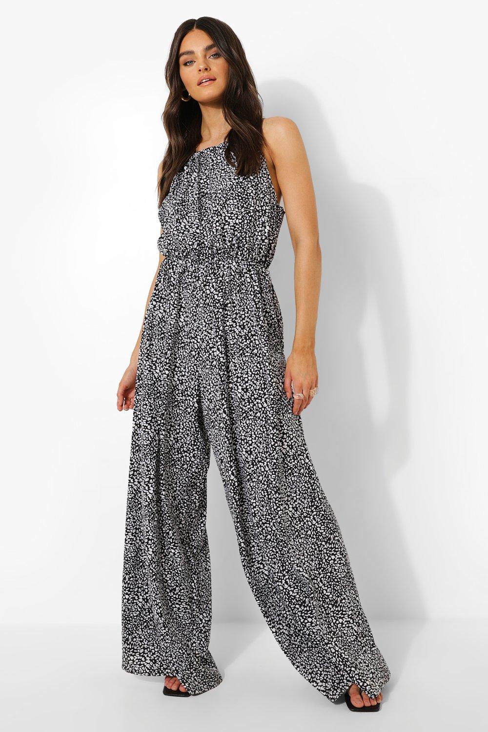 Boohoo Wide Leg Animal Print Jumpsuit, Black