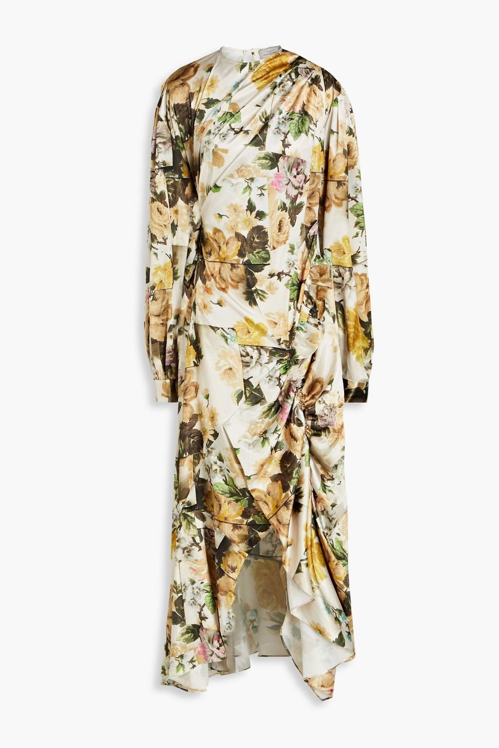 Preen By Thornton Bregazzi Draped Floral Satin Midi Dress, Cream