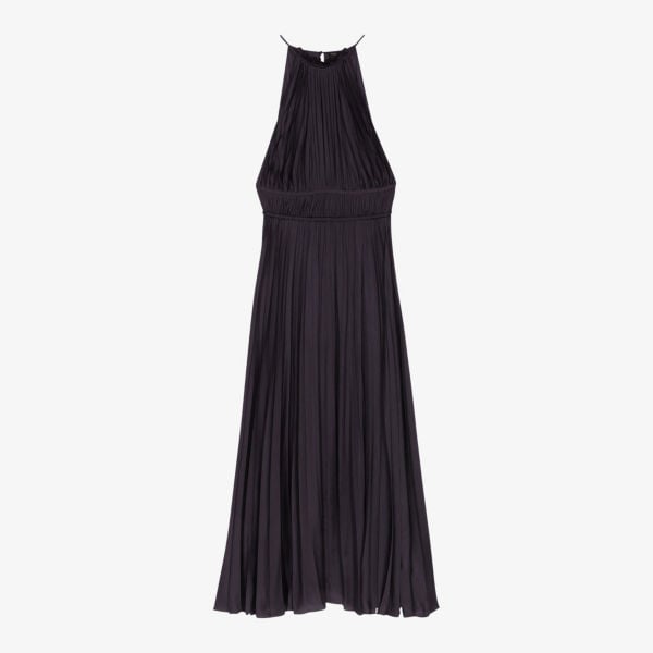 Villy Pleated Satin Maxi Dress with Maje Halter Collar in noir/gris