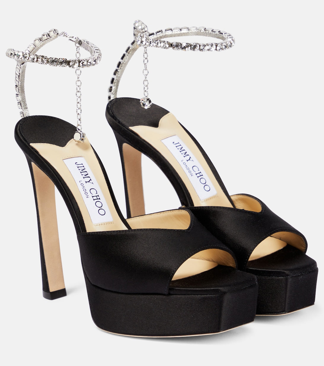 صندل ساتان مزخرف بكعب عالٍ من مجموعة Saeda 125 Jimmy Choo باللون الأسود