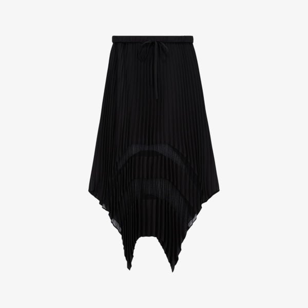 The Kooples Woven Midi Skirt with Sheer Panels and Asymmetrical Hem, Black