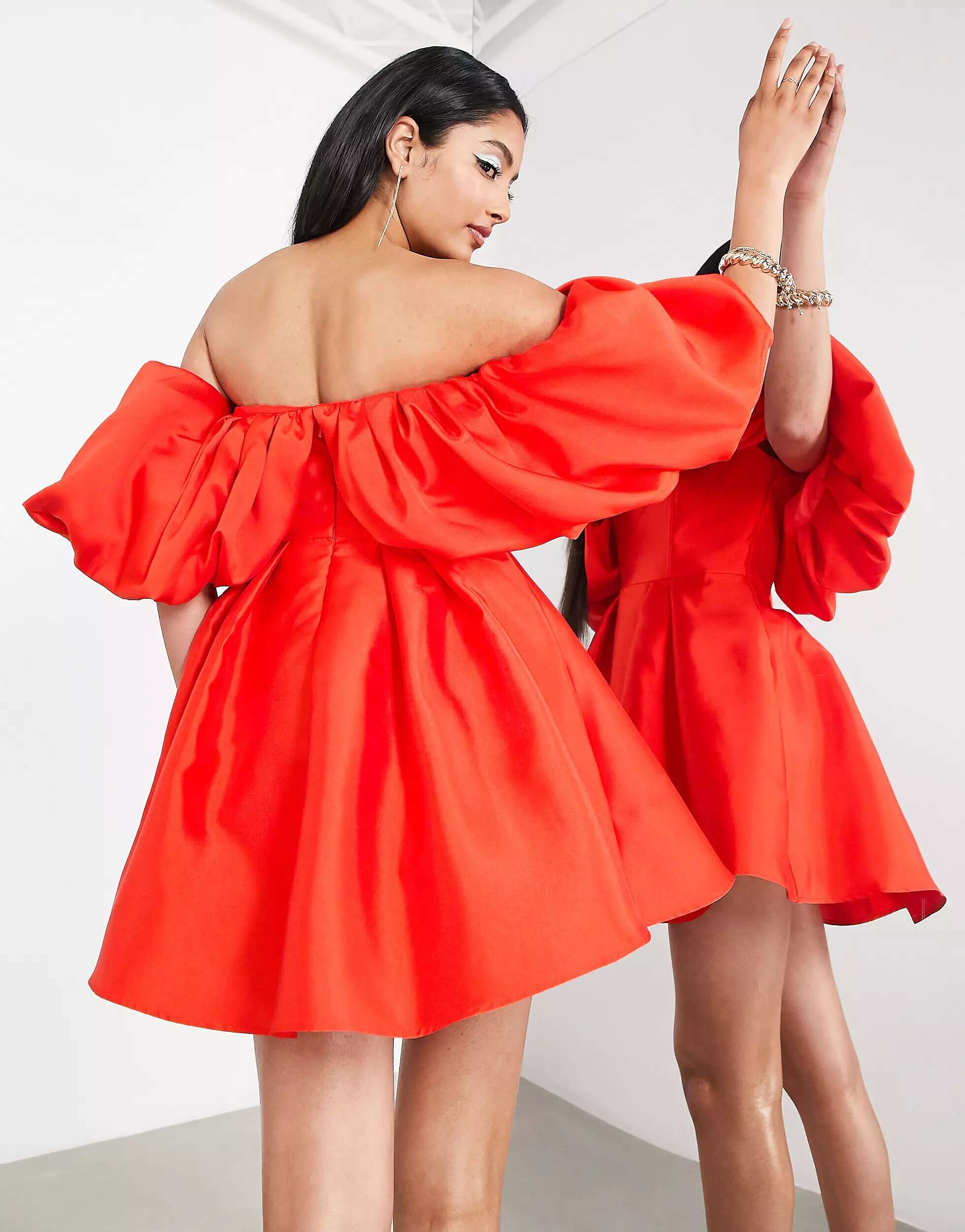 ASOS Red Puff Sleeve Mini Dress With Full Skirt