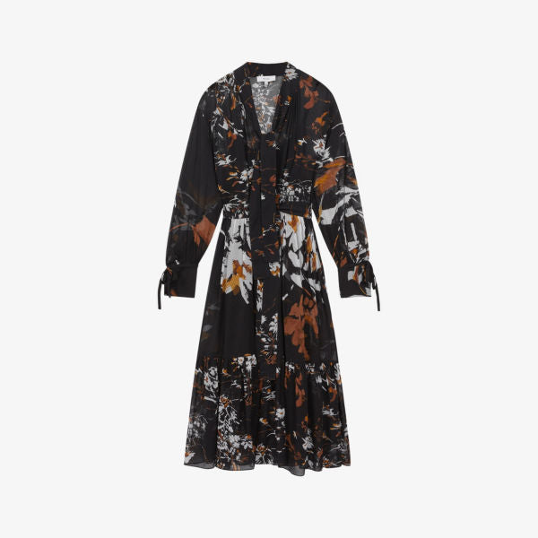 Charlotte Woven Floral Midi Dress with Reiss Belted Waist, Black