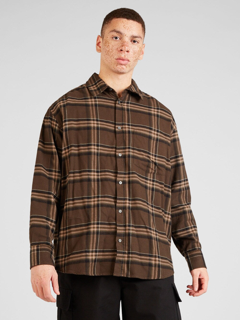 Weekday Comfortable Button-Up Shirt, Brown/Light Brown