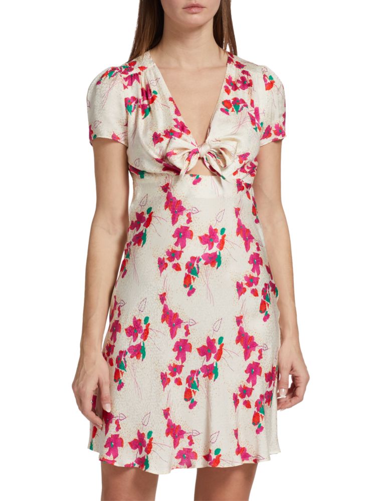 Ba&Sh Floral Jacquard Mini Dress with Tie Front in Ecru