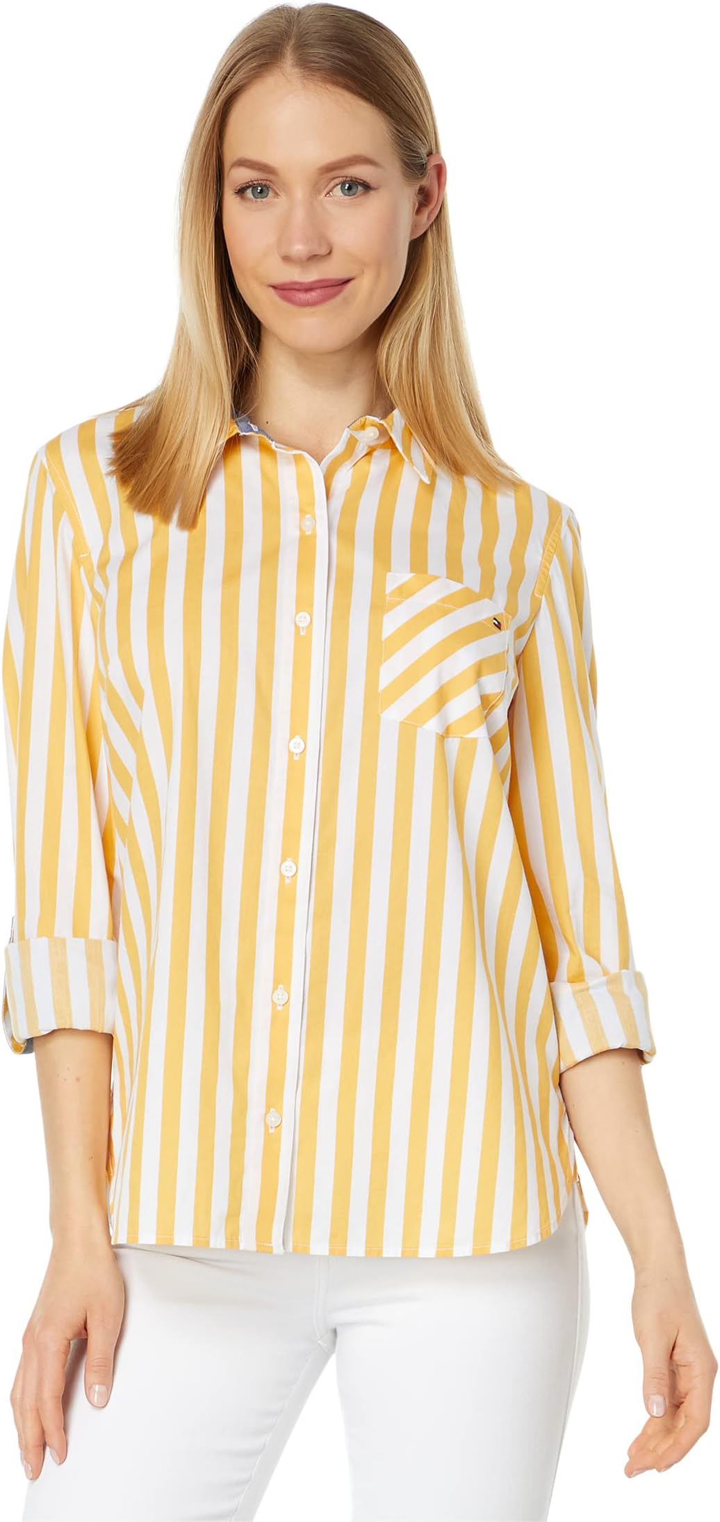 Tommy Hilfiger Roll Tab Shirt in Bi Stripe/Deep Maize/Bright White