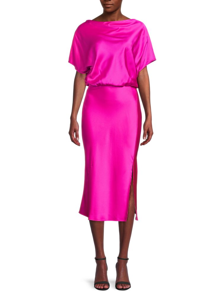 Renee C. satin midi dress with bateau neckline, fuchsia