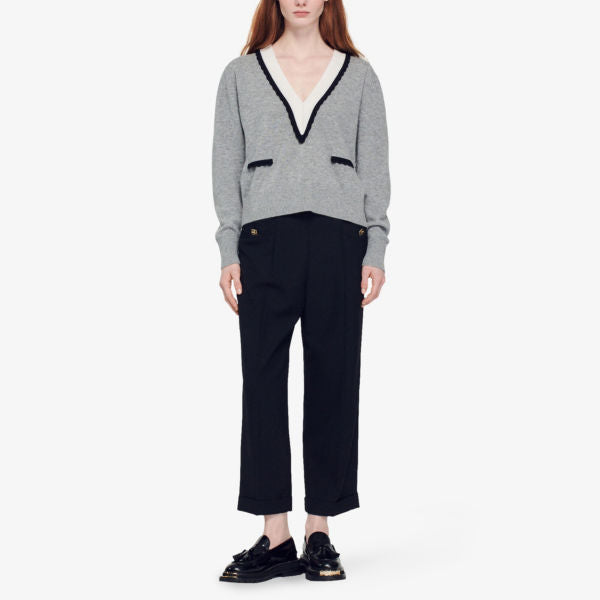 Wool-cashmere blend jumper with Sandro contrast collar, color noir / gris