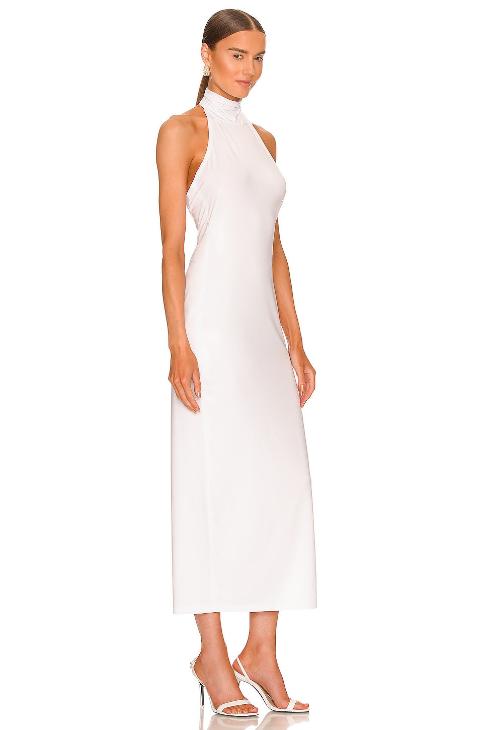 Norma Kamali Halter Turtle Side Slit Gown Dress, White