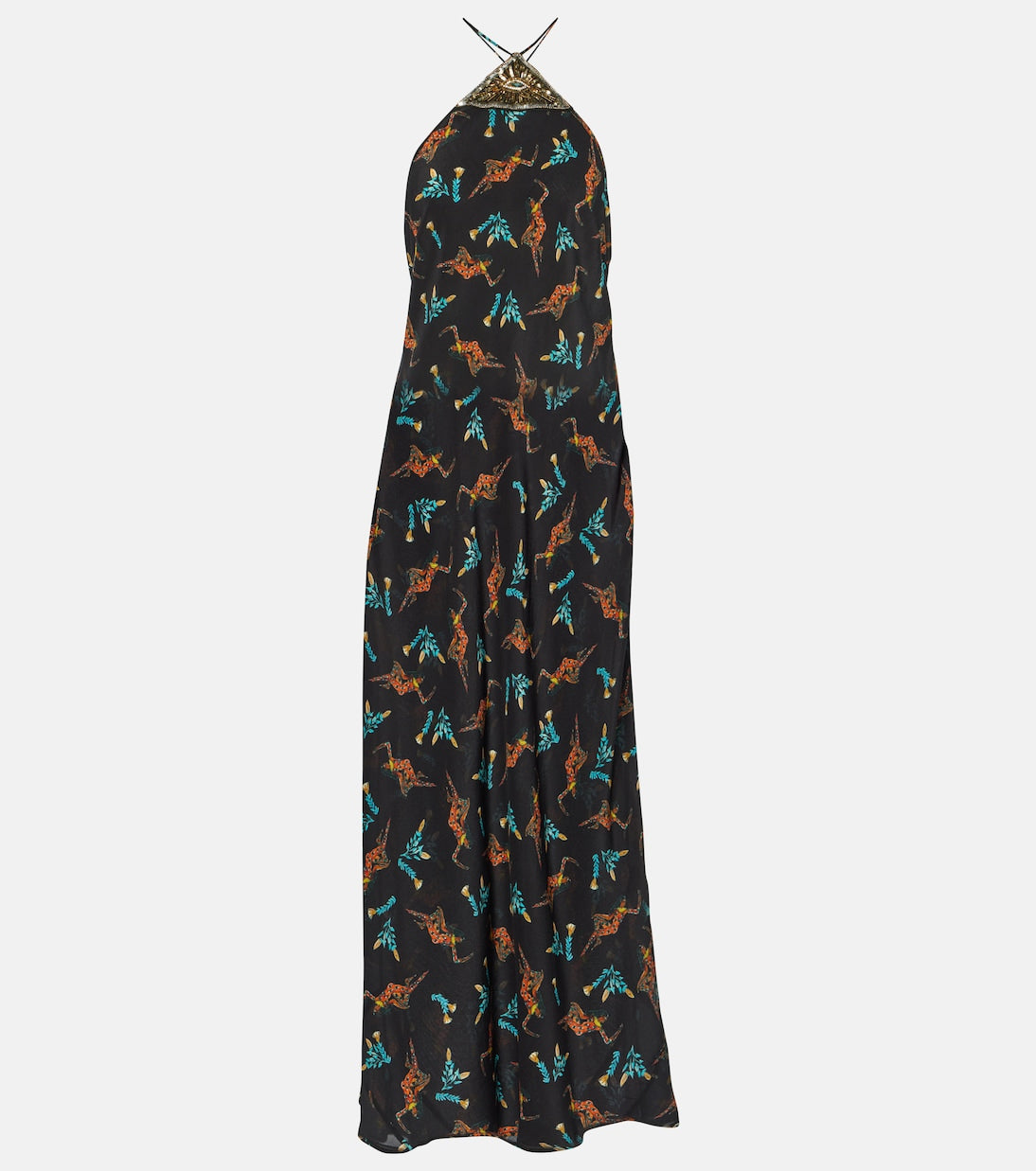 Rixo Print Silk Halter Neck Maxi Dress, Black