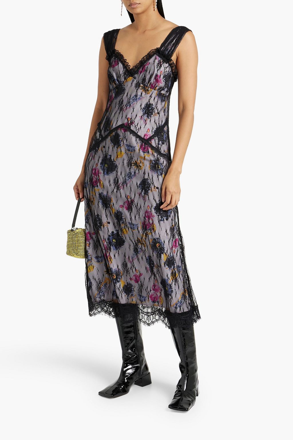 ANNA SUI Layered Crepe De Chine and Lace Floral Midi Dress, Black