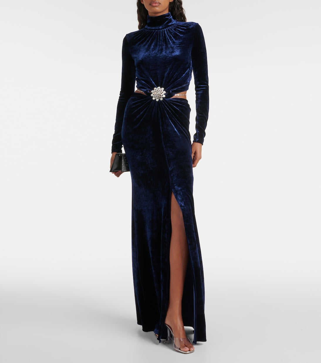 Velvet maxi dress with Rabanne crystals, blue