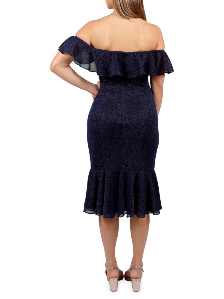 Rene Ruiz Collection sparkly off-shoulder sheath cocktail dress, navy