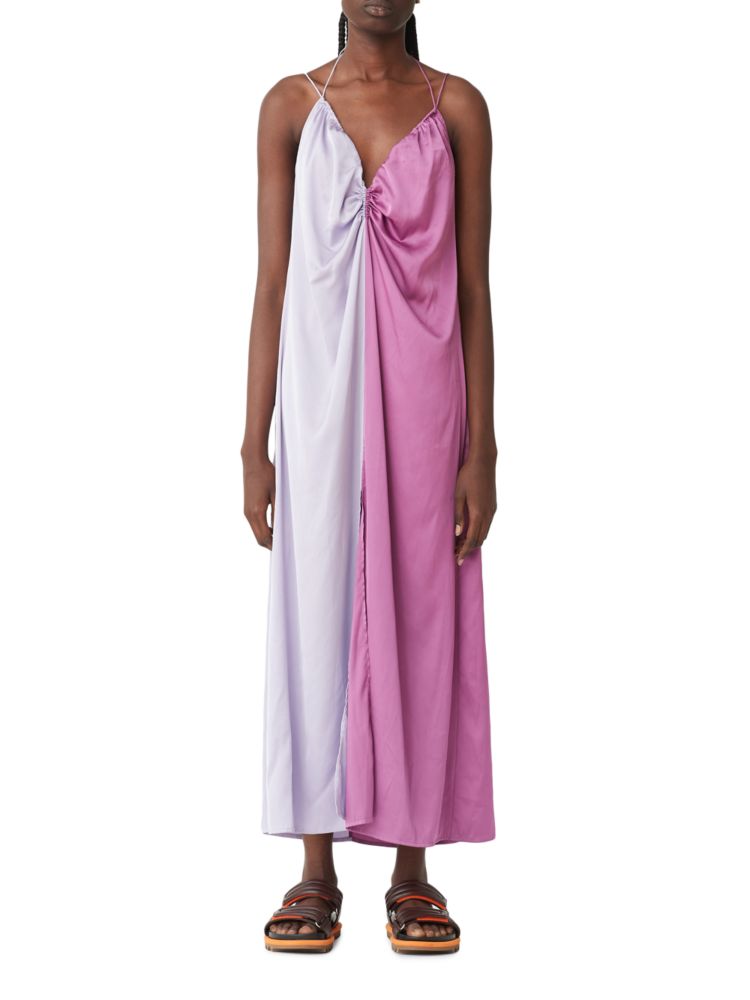 Pisces Blanca two-tone satin midi dress, purple