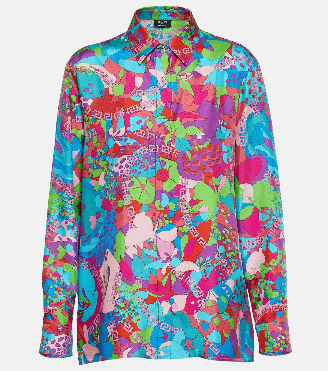 Dua Lipa VERSACE floral silk twill shirt, blue