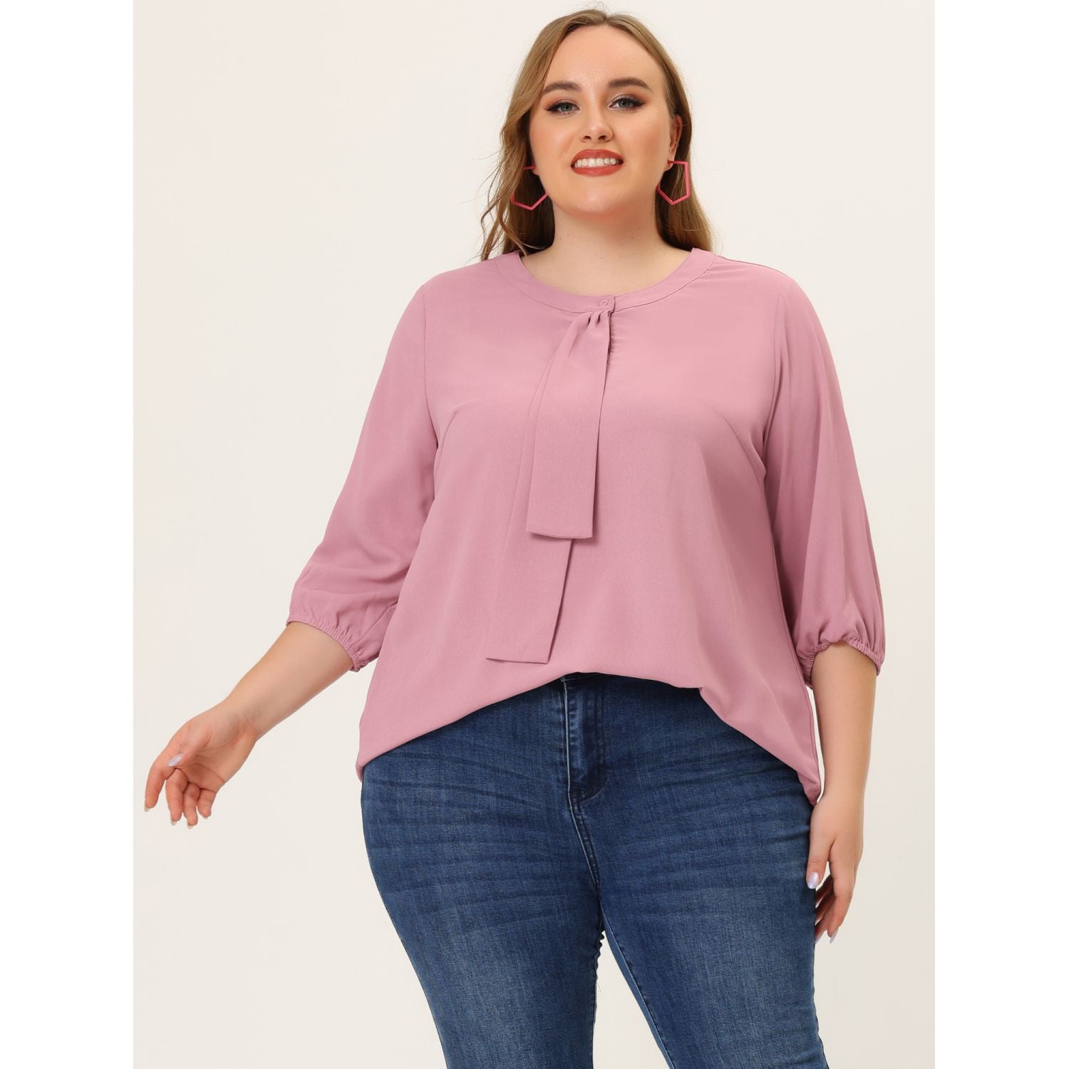 Women's business plain chiffon plus size blouse with 3/4 sleeves Agnes Orinda ,  pink