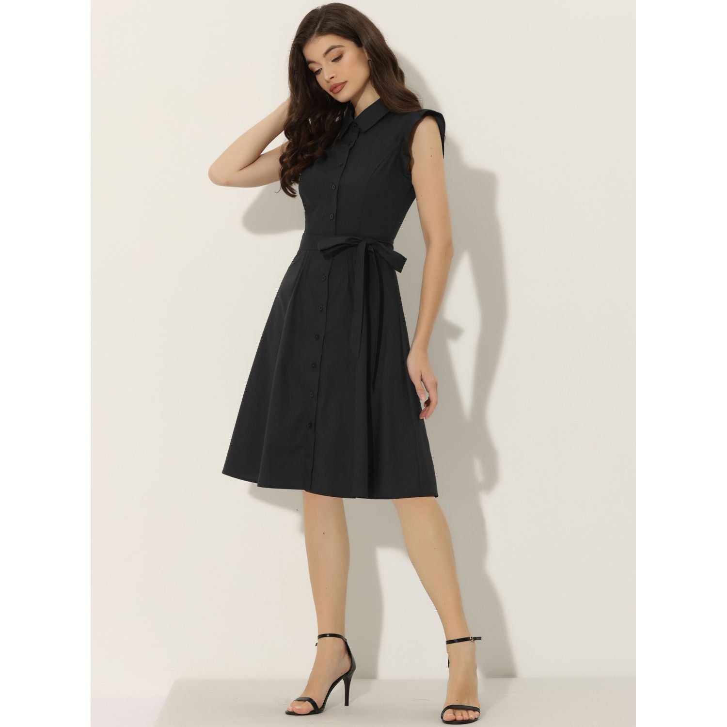 Women's Work Shirt Dress Knee Length with Ruffles and Sleeves with Buttons and Belt ALLEGRA K