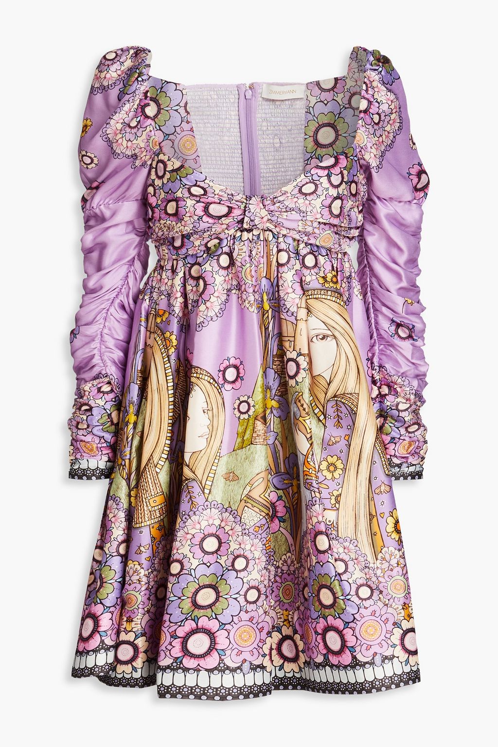 Silk mini dress with ties and ZIMMERMANN print, lilac