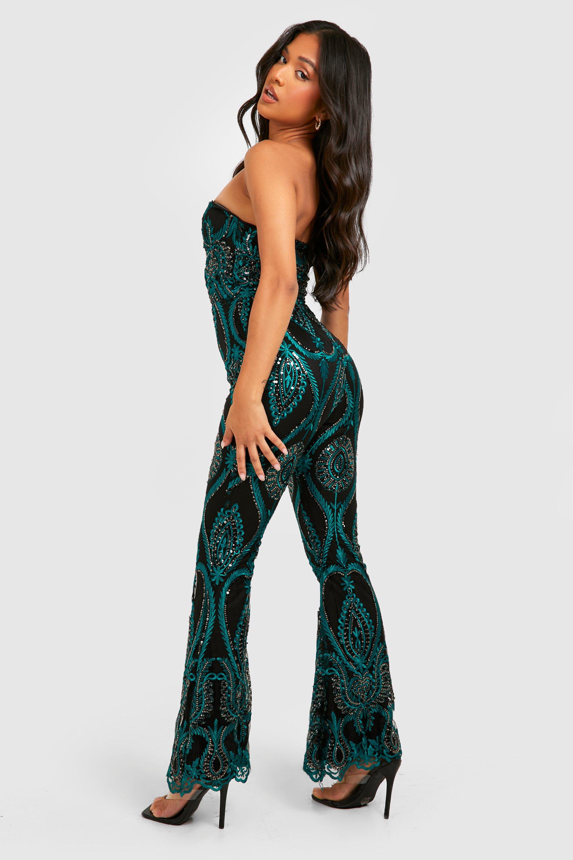 Boohoo Small Damask Sequin Bandeau Jumpsuit, Turquoise